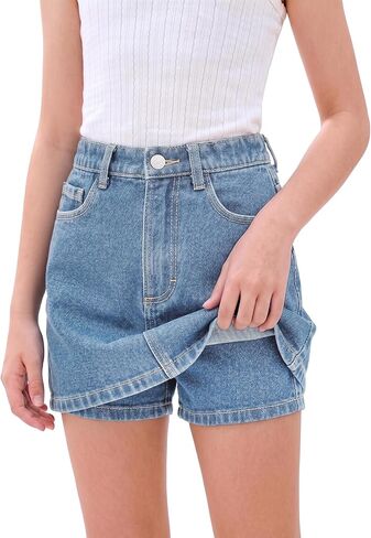 YesFashion Girls Denim Skorts Casual Mini Jean Skirt Front Jean Shorts Back Stretch High Waist Jean Skirt for Kids in Kuwait