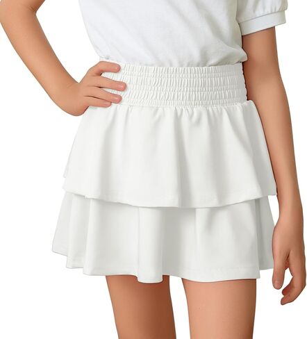 Zando Girls Skirt Kids Athletic Casual Tiered Smocked Ruffle Mini Skirt School Uniform Skort with Shorts for 3-10 Years in Kuwait