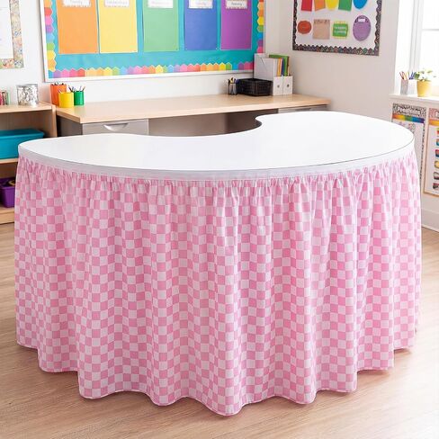 Hahafelt Pink 9 ft Checkered Table Skirt Teacher Desk Skirts Fabric Table Cover Skirt for Classroom Dorm Office Kidney Shaped Desk Rectangle Tables Decorations in Kuwait