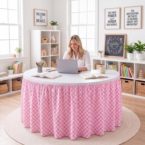 Hahafelt Pink 9 ft Checkered Table Skirt Teacher Desk Skirts Fabric Table Cover Skirt for Classroom Dorm Office Kidney Shaped Desk Rectangle Tables Decorations in Kuwait