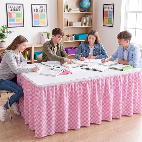 Hahafelt Pink 9 ft Checkered Table Skirt Teacher Desk Skirts Fabric Table Cover Skirt for Classroom Dorm Office Kidney Shaped Desk Rectangle Tables Decorations in Kuwait