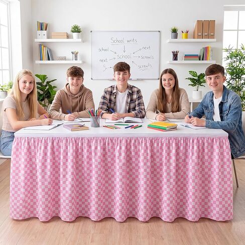 Hahafelt Pink 9 ft Checkered Table Skirt Teacher Desk Skirts Fabric Table Cover Skirt for Classroom Dorm Office Kidney Shaped Desk Rectangle Tables Decorations in Kuwait