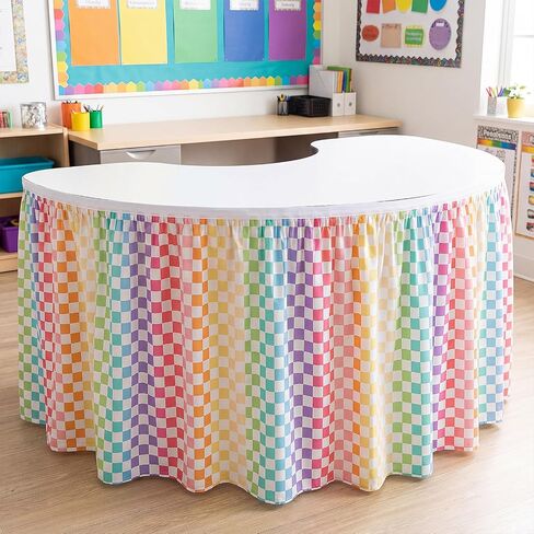 Hahafelt Pink 9 ft Checkered Table Skirt Teacher Desk Skirts Fabric Table Cover Skirt for Classroom Dorm Office Kidney Shaped Desk Rectangle Tables Decorations in Kuwait