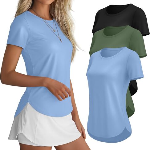 3 Pack Women Workout Tops UPF 50+ Athletic Quick Dry Short Sleeve Shirts Running Gym Yoga Side Slit Curved Hem Tee in Kuwait