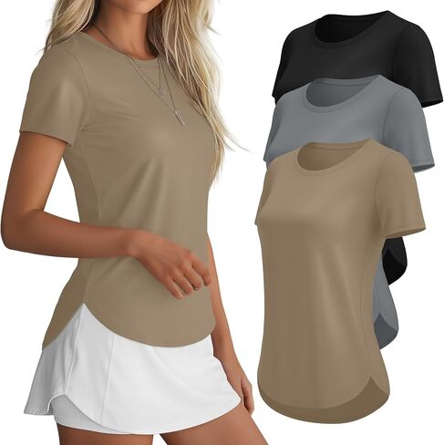 3 Pack Women Workout Tops UPF 50+ Athletic Quick Dry Short Sleeve Shirts Running Gym Yoga Side Slit Curved Hem Tee in Kuwait