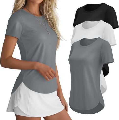 3 Pack Women Workout Tops UPF 50+ Athletic Quick Dry Short Sleeve Shirts Running Gym Yoga Side Slit Curved Hem Tee in Kuwait
