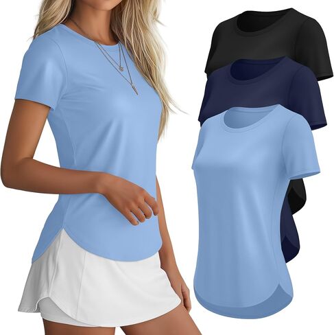 3 Pack Women Workout Tops UPF 50+ Athletic Quick Dry Short Sleeve Shirts Running Gym Yoga Side Slit Curved Hem Tee in Kuwait