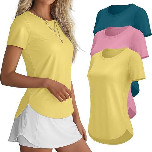 3 Pack Women Workout Tops UPF 50+ Athletic Quick Dry Short Sleeve Shirts Running Gym Yoga Side Slit Curved Hem Tee in Kuwait