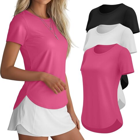 3 Pack Women Workout Tops UPF 50+ Athletic Quick Dry Short Sleeve Shirts Running Gym Yoga Side Slit Curved Hem Tee in Kuwait