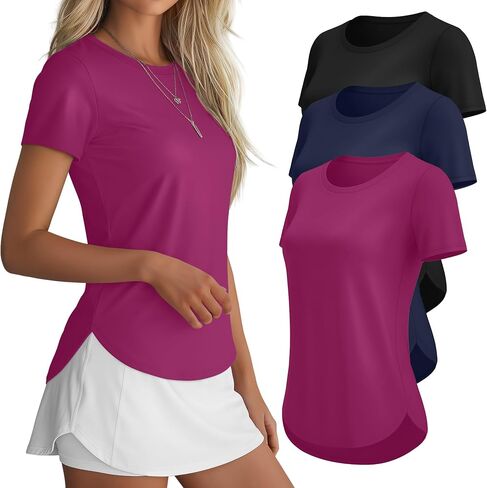 3 Pack Women Workout Tops UPF 50+ Athletic Quick Dry Short Sleeve Shirts Running Gym Yoga Side Slit Curved Hem Tee in Kuwait