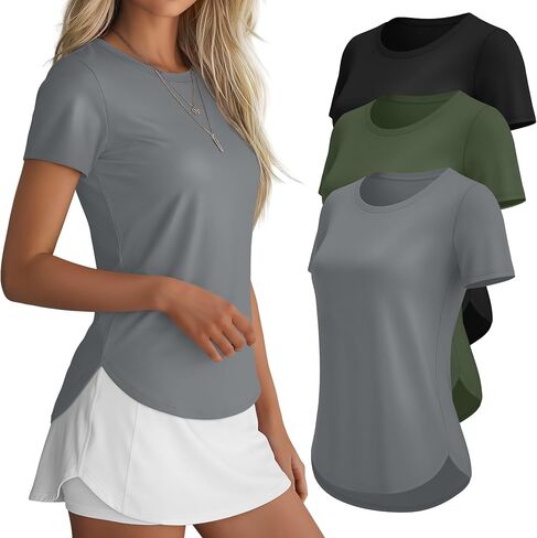 3 Pack Women Workout Tops UPF 50+ Athletic Quick Dry Short Sleeve Shirts Running Gym Yoga Side Slit Curved Hem Tee in Kuwait