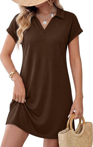 Womens Summer Mini Dresses Casual Short Sleeve Split Collared V Neck Loose Beach Vacation Dress with Pockets in Saudi Arabia