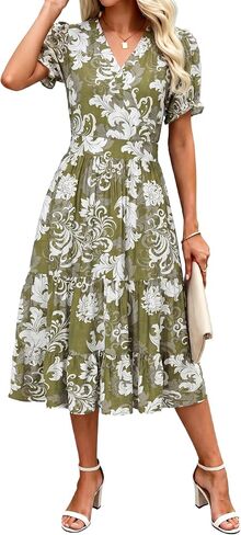 Summer Dresses Midi Dress V Neck Puffy Short Sleeve Flowy Casual Vacation Beach Sundresses 2026 with Pockets in Saudi Arabia