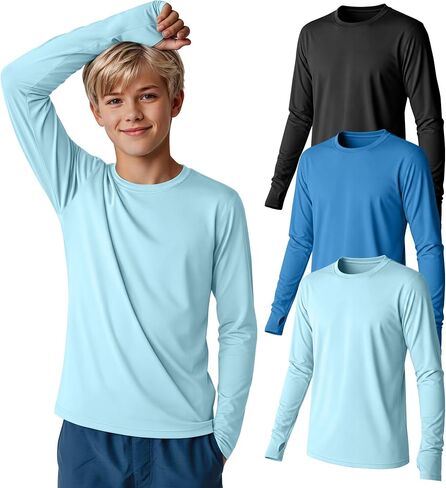 3 Pack Boys Rash Guard Swim Shirts 5-14Y Long Sleeve UV Protection UPF 50+ Quick Dry Thumb Hole Beach Water Shirts in Kuwait