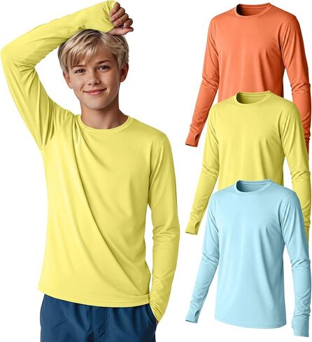 3 Pack Boys Rash Guard Swim Shirts 5-14Y Long Sleeve UV Protection UPF 50+ Quick Dry Thumb Hole Beach Water Shirts in Kuwait