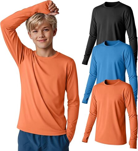 3 Pack Boys Rash Guard Swim Shirts 5-14Y Long Sleeve UV Protection UPF 50+ Quick Dry Thumb Hole Beach Water Shirts in Kuwait