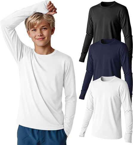 3 Pack Boys Rash Guard Swim Shirts 5-14Y Long Sleeve UV Protection UPF 50+ Quick Dry Thumb Hole Beach Water Shirts in Kuwait