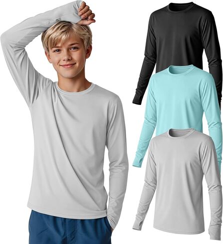 3 Pack Boys Rash Guard Swim Shirts 5-14Y Long Sleeve UV Protection UPF 50+ Quick Dry Thumb Hole Beach Water Shirts in Kuwait