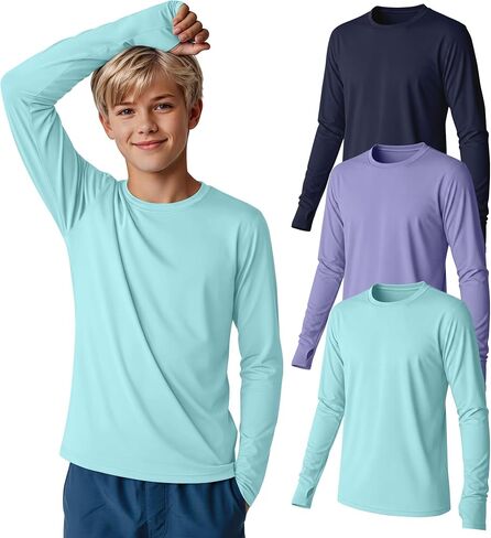 3 Pack Boys Rash Guard Swim Shirts 5-14Y Long Sleeve UV Protection UPF 50+ Quick Dry Thumb Hole Beach Water Shirts in Kuwait