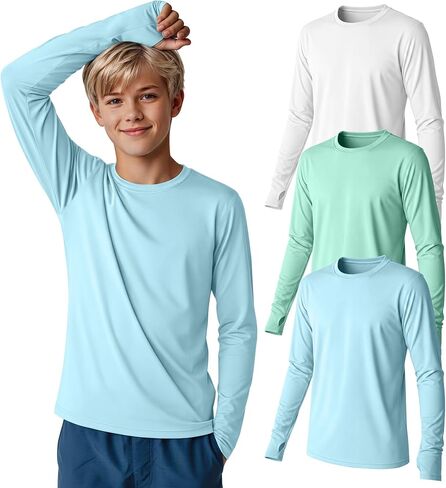 3 Pack Boys Rash Guard Swim Shirts 5-14Y Long Sleeve UV Protection UPF 50+ Quick Dry Thumb Hole Beach Water Shirts in Kuwait