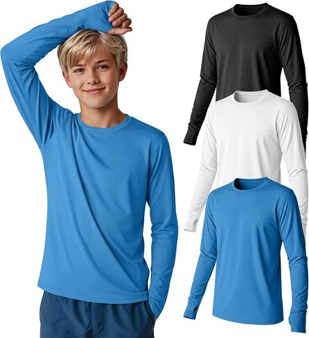 3 Pack Boys Rash Guard Swim Shirts 5-14Y Long Sleeve UV Protection UPF 50+ Quick Dry Thumb Hole Beach Water Shirts in Kuwait