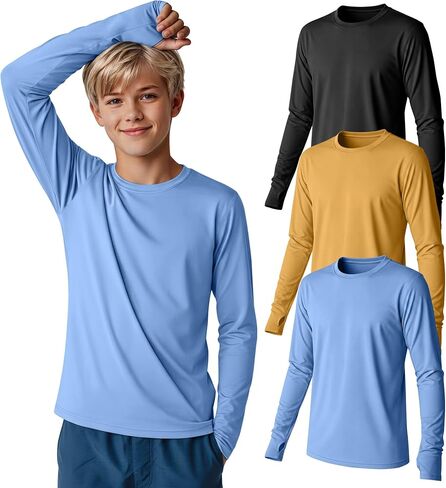 3 Pack Boys Rash Guard Swim Shirts 5-14Y Long Sleeve UV Protection UPF 50+ Quick Dry Thumb Hole Beach Water Shirts in Kuwait