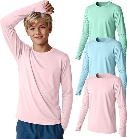 3 Pack Boys Rash Guard Swim Shirts 5-14Y Long Sleeve UV Protection UPF 50+ Quick Dry Thumb Hole Beach Water Shirts in Kuwait