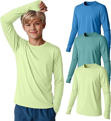 3 Pack Boys Rash Guard Swim Shirts 5-14Y Long Sleeve UV Protection UPF 50+ Quick Dry Thumb Hole Beach Water Shirts in Kuwait