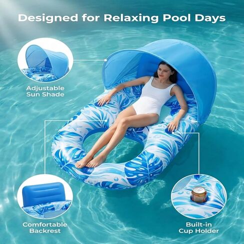 Pool Floats Adult with Canopy, Inflatable Lounger Float with Adjustable Sun Shield & Cup Holders, Water Chair for Swimming Pool Party in Saudi Arabia