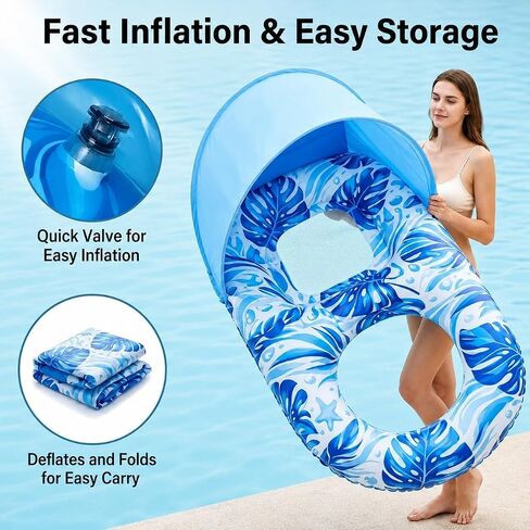 Pool Floats Adult with Canopy, Inflatable Lounger Float with Adjustable Sun Shield & Cup Holders, Water Chair for Swimming Pool Party in Saudi Arabia