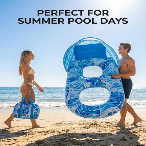 Pool Floats Adult with Canopy, Inflatable Lounger Float with Adjustable Sun Shield & Cup Holders, Water Chair for Swimming Pool Party in Saudi Arabia