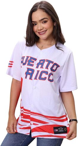 Puerto Rico Baseball Jersey for Men, White Blue/Red Button Down Short Sleeve Sports Shirt, Lightweight (US, Alpha, XX-Large, RED OLAS) in Saudi Arabia