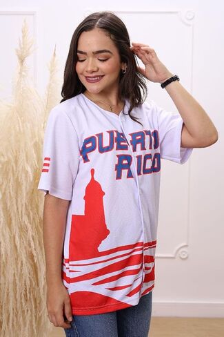 Puerto Rico Baseball Jersey for Men, White Blue/Red Button Down Short Sleeve Sports Shirt, Lightweight (US, Alpha, XX-Large, RED OLAS) in Saudi Arabia