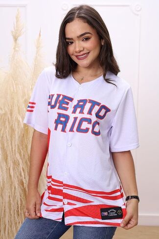 Puerto Rico Baseball Jersey for Men, White Blue/Red Button Down Short Sleeve Sports Shirt, Lightweight (US, Alpha, XX-Large, RED OLAS) in Saudi Arabia