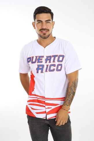 Puerto Rico Baseball Jersey for Men, White Blue/Red Button Down Short Sleeve Sports Shirt, Lightweight (US, Alpha, XX-Large, RED OLAS) in Saudi Arabia