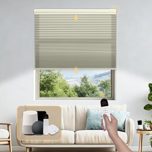 Boolegon No Drill Motorized TDBU Cellular Blinds with Remote,Blackout White,Custom Size,Easy to Install Automatic Cellular Shades for Indoor Windows Home,Cordless & Child Safe in Kuwait