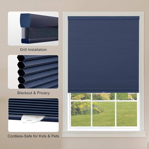 Cordless Blackout Cellular Shades, Custom Size Dark Blue Pull Down Honeycomb Window Blinds Inside Outside Mount Custom Thermal Insulated for Home Office Bedroom Living Room Kitchen in Kuwait