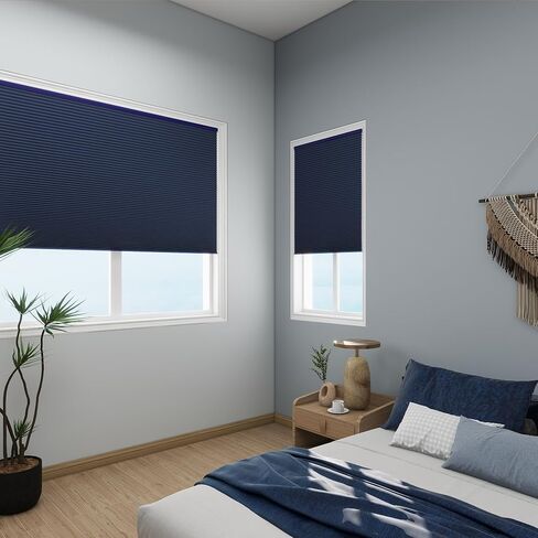 Cordless Blackout Cellular Shades, Custom Size Dark Blue Pull Down Honeycomb Window Blinds Inside Outside Mount Custom Thermal Insulated for Home Office Bedroom Living Room Kitchen in Kuwait