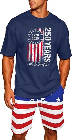 Ithalt Patriotic Shirts for Men 4th of July Outfit 2 Piece Set Short Sleeve and Shorts American Flag 250th Anniversary in Kuwait