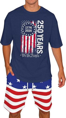 Ithalt Patriotic Shirts for Men 4th of July Outfit 2 Piece Set Short Sleeve and Shorts American Flag 250th Anniversary in Kuwait