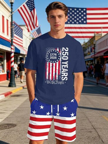 Ithalt Patriotic Shirts for Men 4th of July Outfit 2 Piece Set Short Sleeve and Shorts American Flag 250th Anniversary in Kuwait