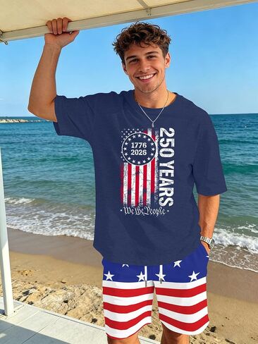 Ithalt Patriotic Shirts for Men 4th of July Outfit 2 Piece Set Short Sleeve and Shorts American Flag 250th Anniversary in Kuwait