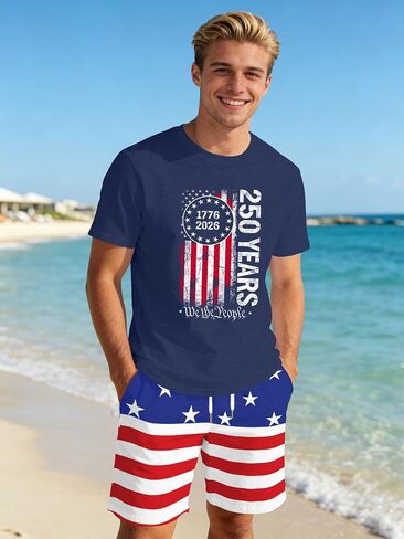 Ithalt Patriotic Shirts for Men 4th of July Outfit 2 Piece Set Short Sleeve and Shorts American Flag 250th Anniversary in Kuwait