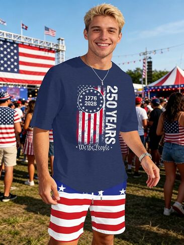 Ithalt Patriotic Shirts for Men 4th of July Outfit 2 Piece Set Short Sleeve and Shorts American Flag 250th Anniversary in Kuwait
