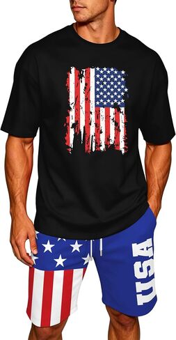 Ithalt Patriotic Shirts for Men 4th of July Outfit 2 Piece Set Short Sleeve and Shorts American Flag 250th Anniversary in Kuwait