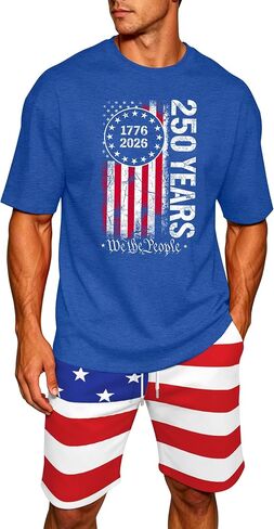 Ithalt Patriotic Shirts for Men 4th of July Outfit 2 Piece Set Short Sleeve and Shorts American Flag 250th Anniversary in Kuwait
