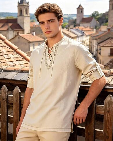 Renaissance Costume Men Pirate Shirt Cotton Linen Mens Renaissance Shirt for Halloween Viking Pirate Cosplay in Kuwait
