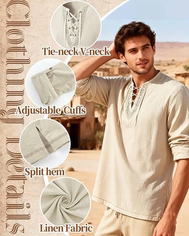 Renaissance Costume Men Pirate Shirt Cotton Linen Mens Renaissance Shirt for Halloween Viking Pirate Cosplay in Kuwait