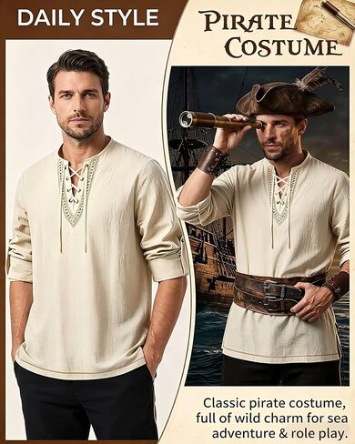 Renaissance Costume Men Pirate Shirt Cotton Linen Mens Renaissance Shirt for Halloween Viking Pirate Cosplay in Kuwait