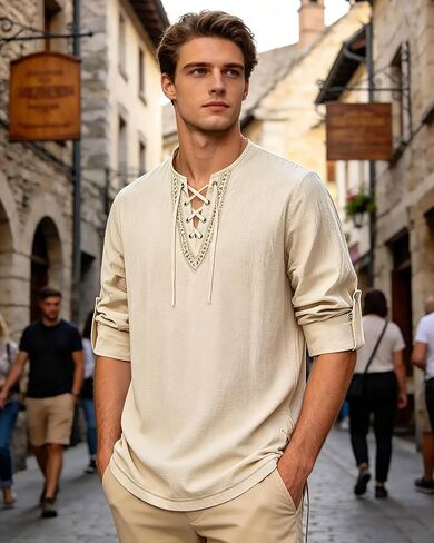 Renaissance Costume Men Pirate Shirt Cotton Linen Mens Renaissance Shirt for Halloween Viking Pirate Cosplay in Kuwait